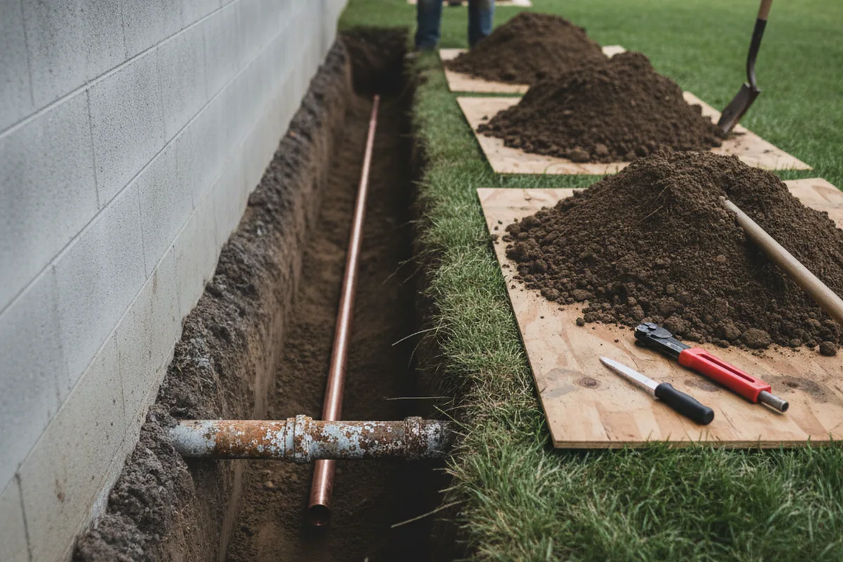 Excavated water line trench during Water Heater Repair in Rosharon